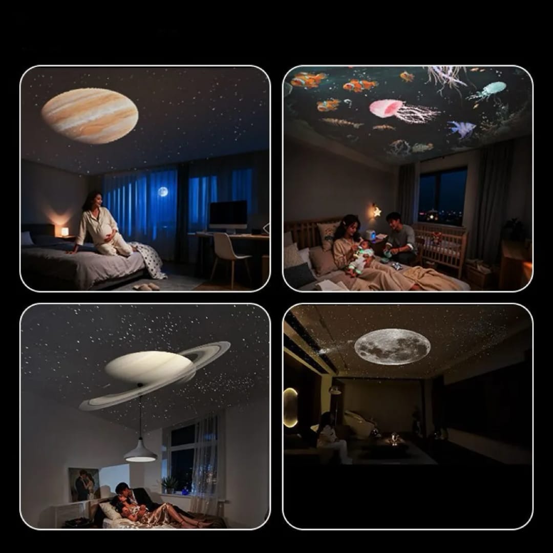 Galaxy projector scenes — planets, ocean life, Saturn, and moon